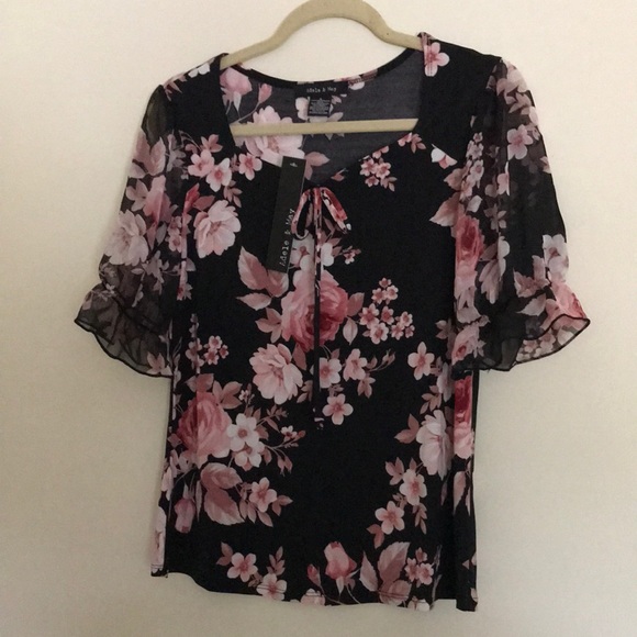 Tops - Black and pink floral design blouse.